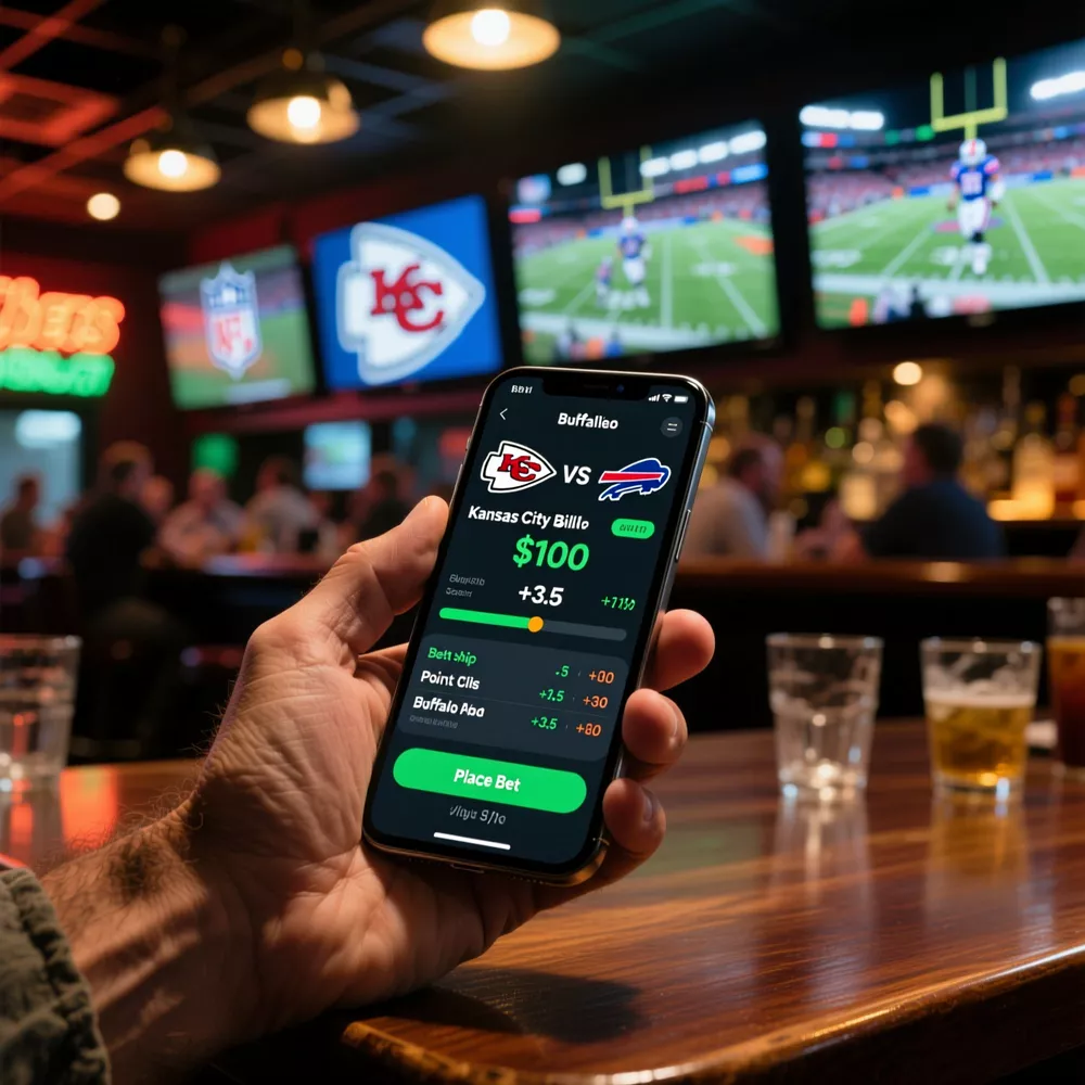 Hand holding smartphone showing live NFL betting interface in sports bar setting