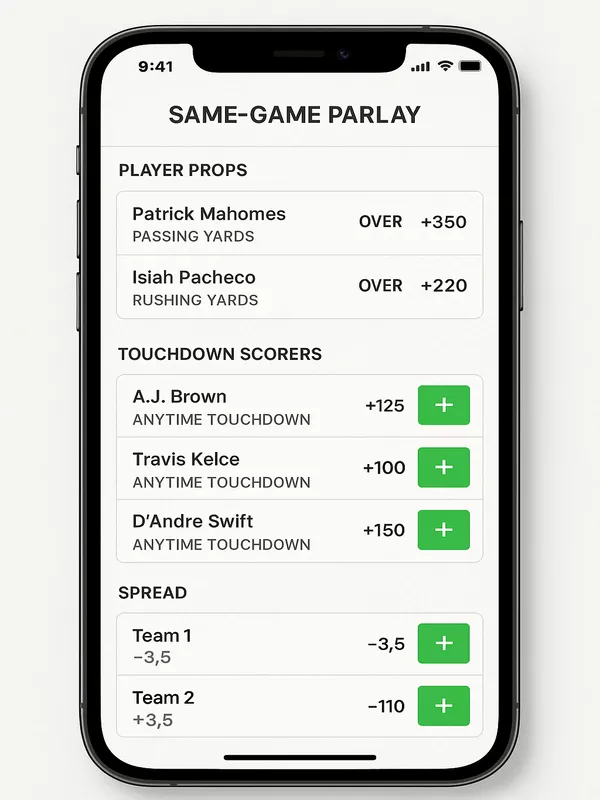 Mobile same-game parlay builder interface showing NFL betting options