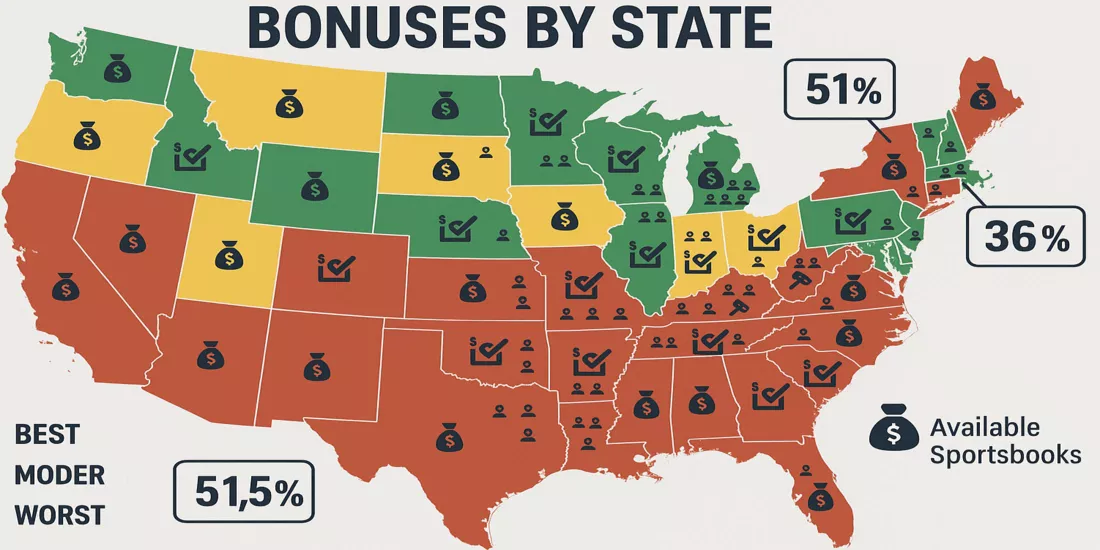USA map showing state-by-state sportsbook bonus variations and tax rates
